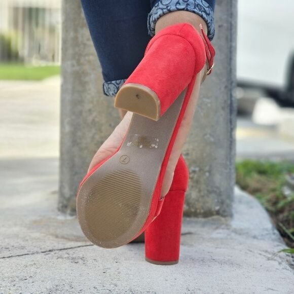 Women's Suede Ankle Strap Block Heel Dress Sandals Red Color - Picture 3 of 5